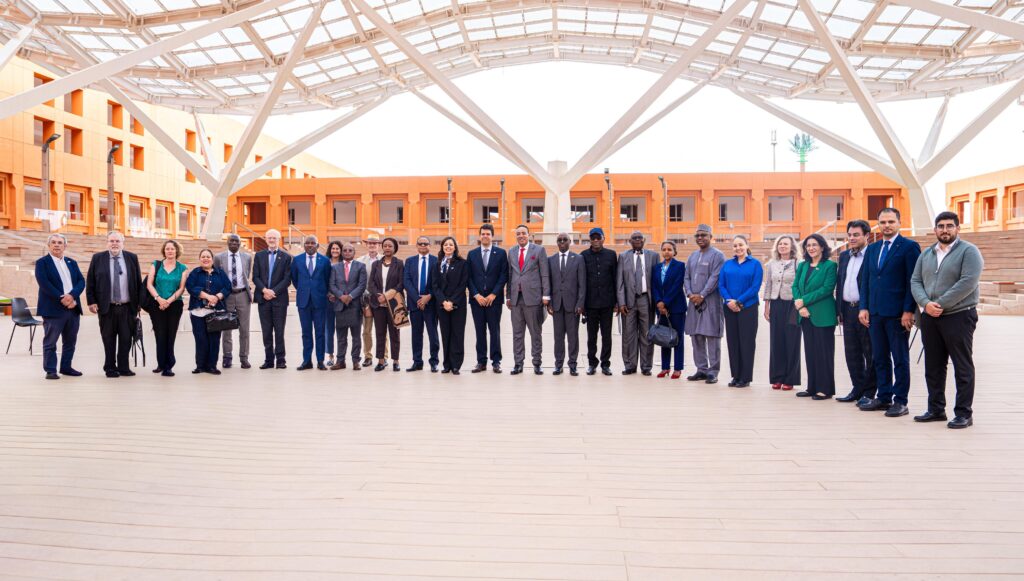 Ambassadors and international delegates touring University Mohammed VI Polytechnic campus in Benguerir during the UM6P diplomatic visit organized by the Fondation diplomatique.